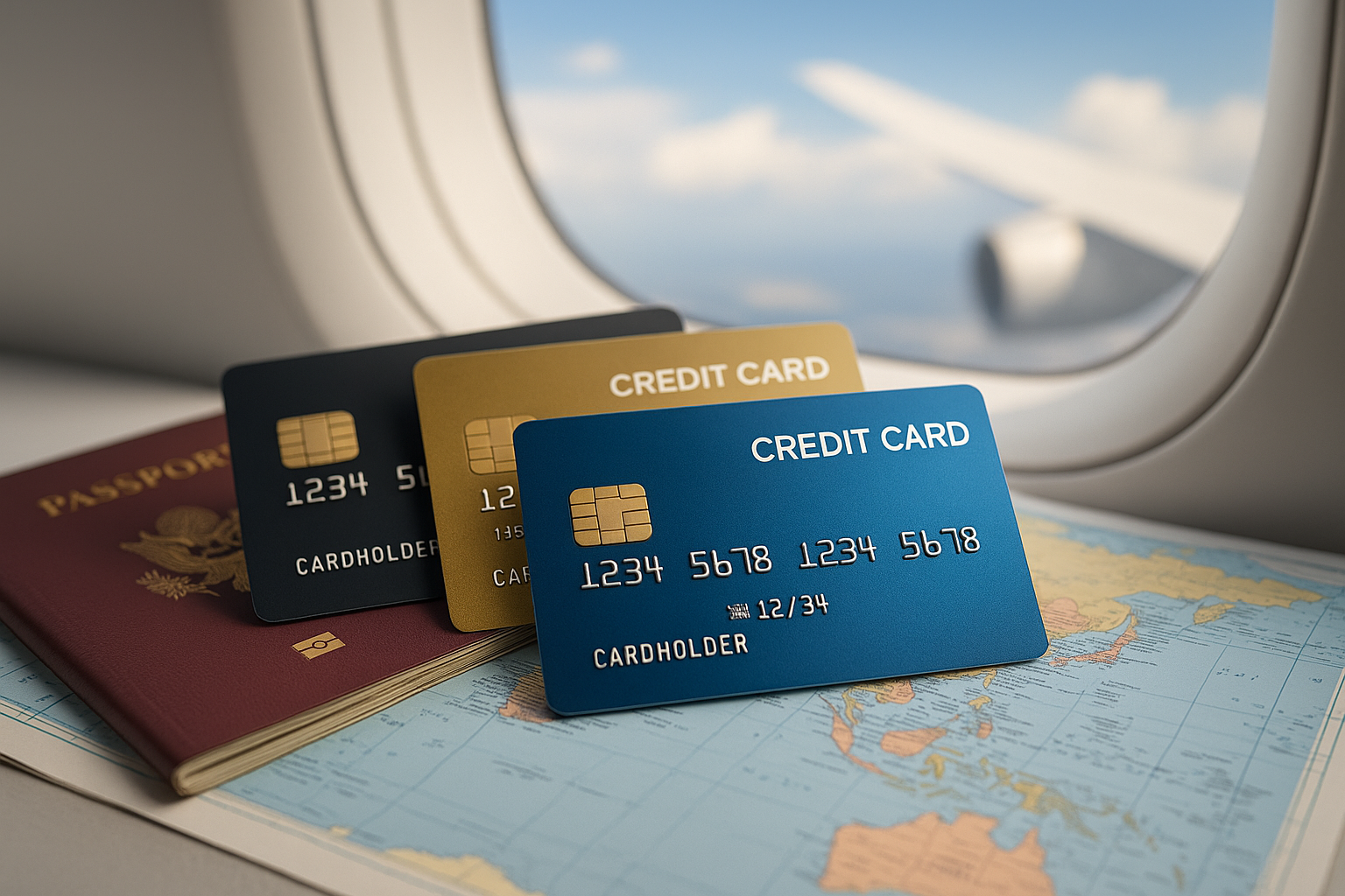 Three premium credit cards placed on a world map with travel essentials, representing the best credit cards for travel rewards in India in 2025