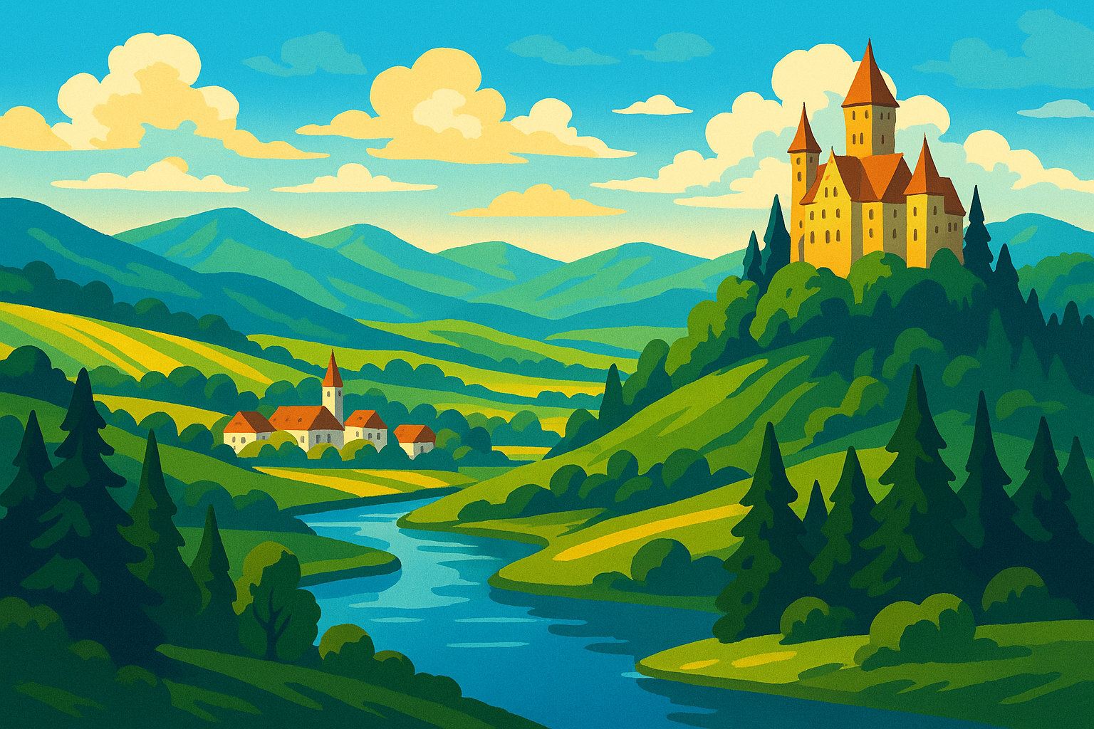 Illustration of German countryside with hills, river and castle