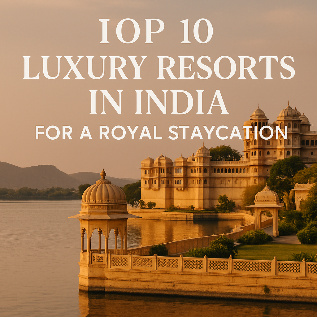 Scenic view of a royal palace by the lake in India during sunset, showcasing traditional Indian architecture with domes and arches, ideal for a luxury staycation